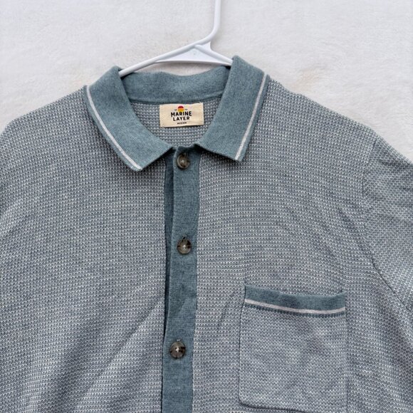Marine Layer Wyatt Polo Shirt Mens M Blue Knit Merino Wool Blend Stretch Pocket - Picture 3 of 11